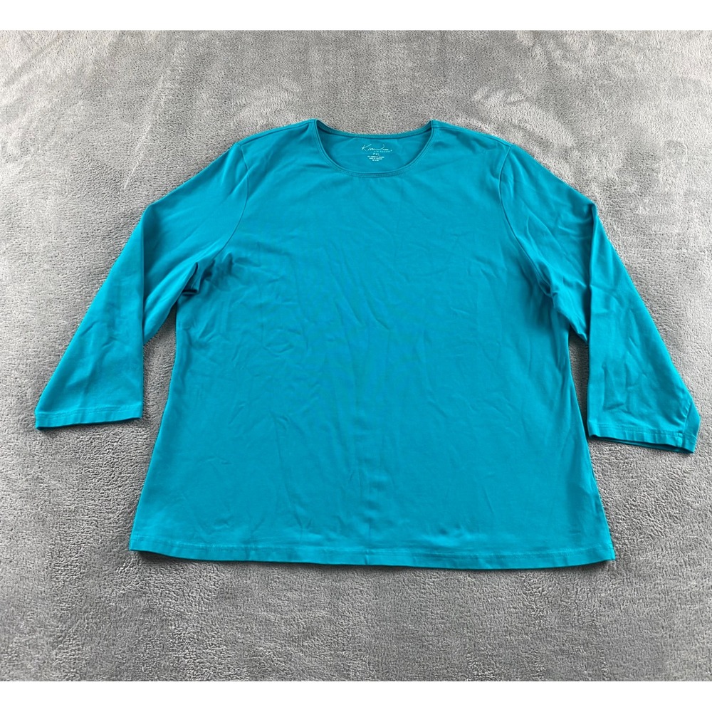 Kim Rogers Petite Women PXL Teal Blue 3/4 Sleeve Crew Neck Cotton Stretch Top